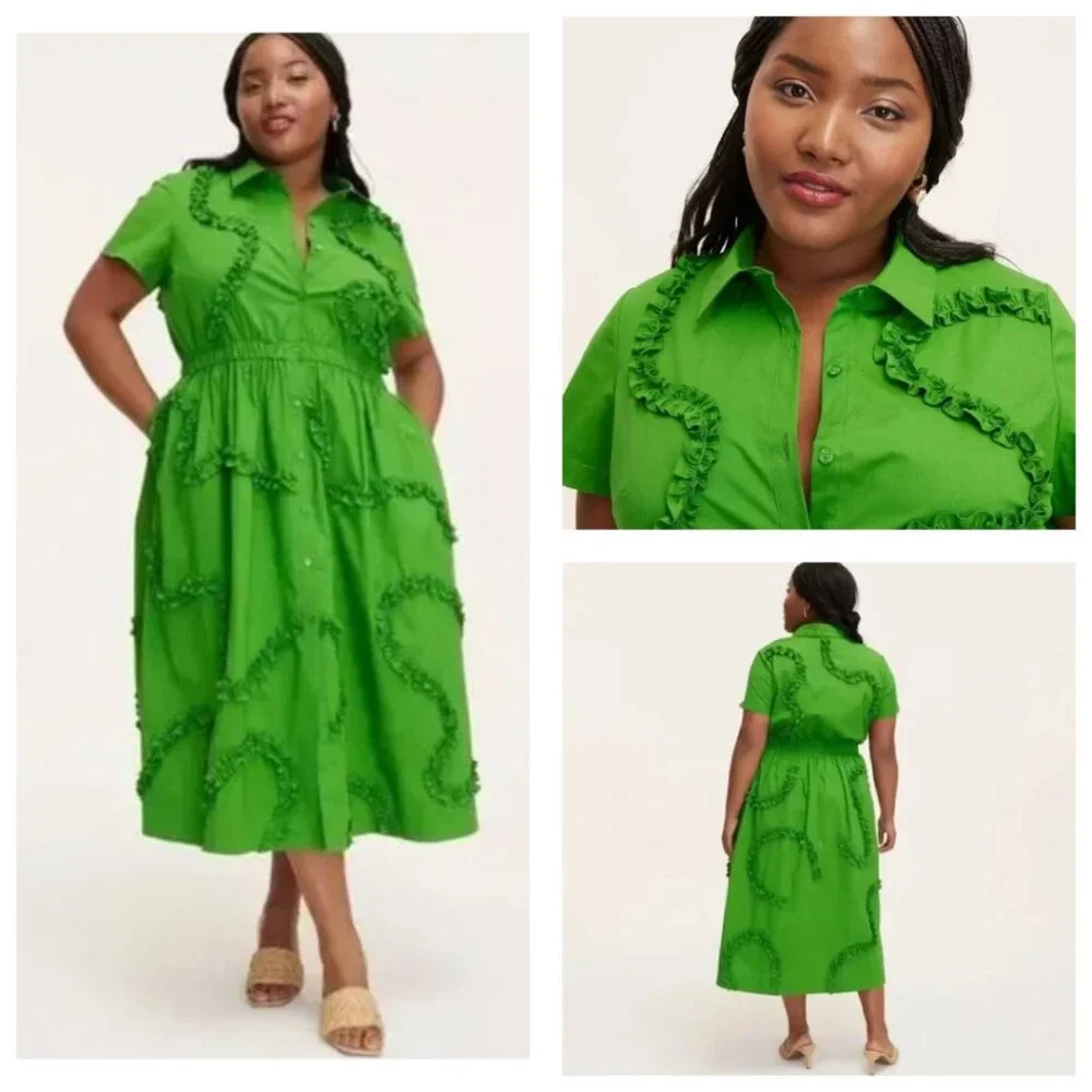 kate spade Bright Green Ruffle Shirt Midi Dress